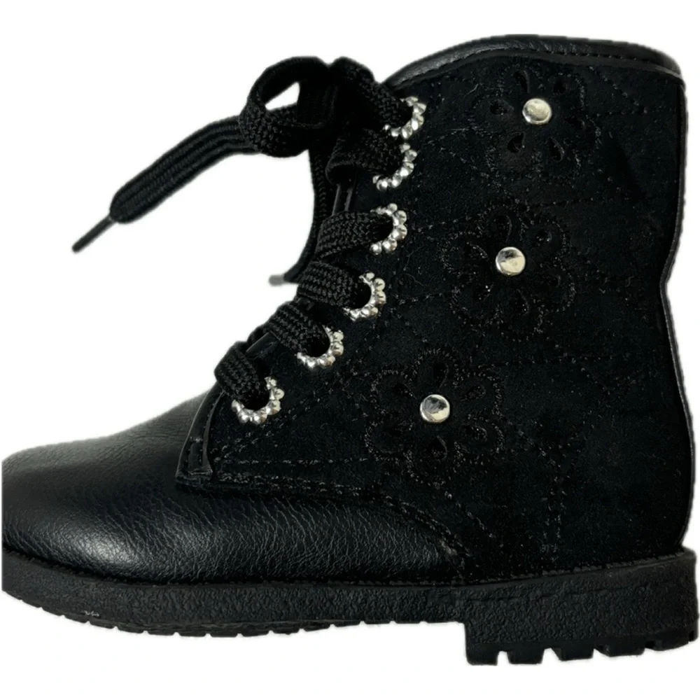 Like New in Box Black Kids Boots Jorya Black Vegan Leather Suede Flowet Rivet